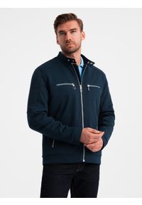 Ombre Clothing - Męska kurtka typu biker ze stójką i kieszeniami – granatowa V1 - Rozmiar: L. Okazja: na co dzień. Typ kołnierza: kołnierzyk stójkowy. Kolor: niebieski. Materiał: syntetyk, tkanina, poliester, materiał. Wzór: ze splotem. Styl: casual