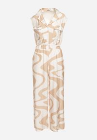 Born2be - Beżowy Długi Kombinezon z Gumką w Pasie w Geometryczny Wzór z Wiskozą Orivia. Okazja: na co dzień. Kolor: beżowy. Materiał: wiskoza. Długość: długie. Wzór: geometria. Styl: klasyczny, casual #6