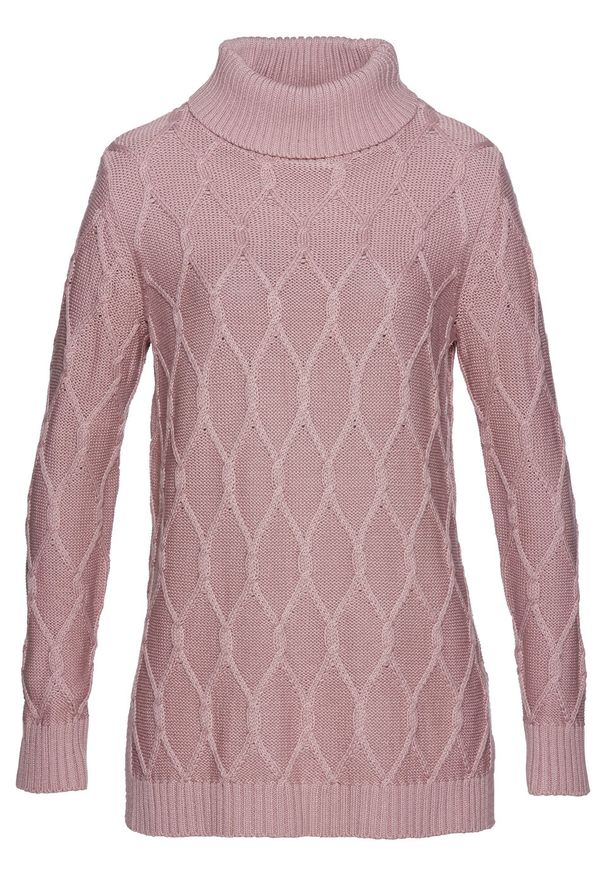 Sweter dzianinowy w warkocze bonprix różowobrązowy. Kolor: różowy. Materiał: dzianina, materiał, akryl, bawełna