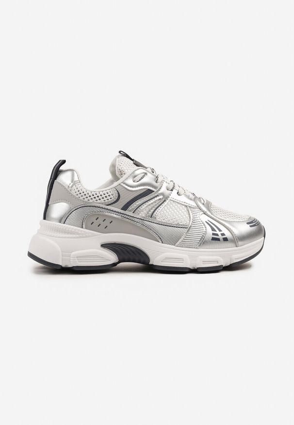 Born2be - Biało-Srebrne Sneakersy w Streetwearowym Stylu z Siateczkowymi Zdobieniami Dorelline. Okazja: na co dzień. Zapięcie: sznurówki. Kolor: biały. Materiał: jeans. Wzór: aplikacja