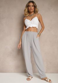 Renee - Szare Spodnie z Bawełną o Szerokim Kroju High Waist Fanelithia. Okazja: na co dzień. Stan: podwyższony. Kolor: szary. Materiał: bawełna. Styl: casual