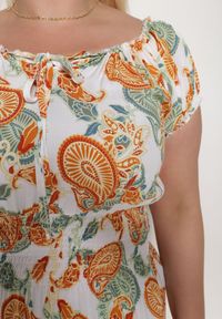 Born2be - Biało-Pomarańczowa Bawełniana Sukienka z Gumką w Pasie Zilletta. Okazja: na co dzień, na randkę. Kolor: biały. Materiał: bawełna. Styl: casual, klasyczny #6