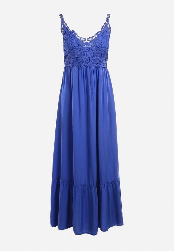 Born2be - Niebieska Sukienka Stheuse. Okazja: na randkę. Kolor: niebieski. Materiał: tkanina, koronka. Długość rękawa: na ramiączkach. Wzór: gładki, aplikacja, koronka. Typ sukienki: trapezowe. Styl: elegancki. Długość: maxi