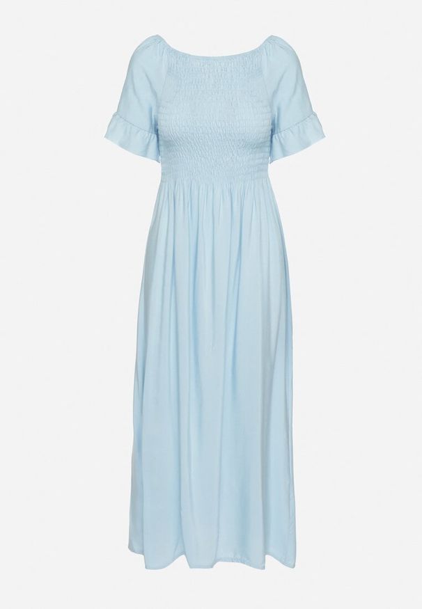 Born2be - Jasnoniebieska Bawełniana Sukienka o Kroju Hiszpanki z Elastyczną Górą Niloviria. Okazja: na co dzień. Typ kołnierza: dekolt hiszpanka. Kolor: niebieski. Materiał: bawełna. Długość rękawa: krótki rękaw. Styl: casual, klasyczny