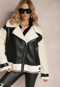 Renee - Czarno-Biała Kurtka Ramoneska z Futerkiem Mysteri. Okazja: na co dzień. Kolor: czarny. Materiał: futro. Wzór: paski. Styl: casual, elegancki