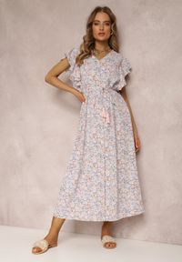 Renee - Różowo-Jasnoszara Sukienka Ceekey. Typ kołnierza: kołnierz z falbankami. Kolor: różowy. Materiał: materiał. Wzór: kwiaty, kolorowy, nadruk. Sezon: lato. Styl: wizytowy. Długość: maxi