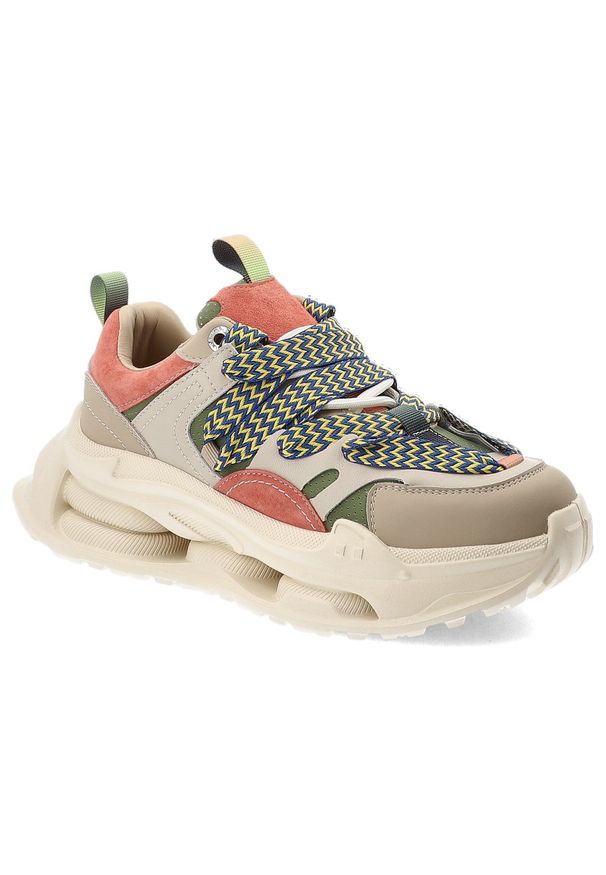 Sneakersy damskie S.Barski, na masywnej amortyzowanej podeszwie z dynamicznym zestawieniem kolorów i szerokimi ozdobnymi sznurówkami, beżowe, CR61-31. Kolor: beżowy