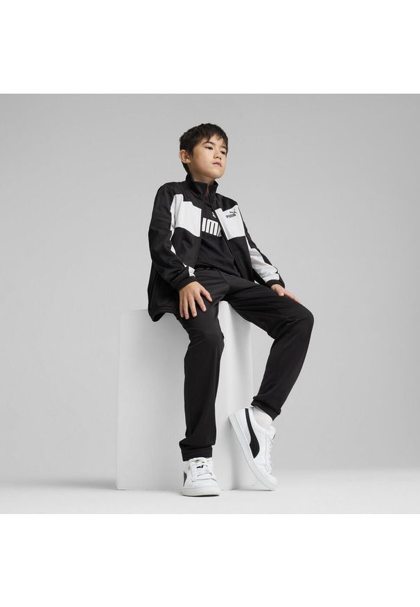 Puma - Młodzieżowy dres PUMA z poliestru z blokami kolorów PUMA. Okazja: na uczelnię. Kolor: zielony, czarny, brązowy, wielokolorowy. Materiał: poliester, dresówka. Wzór: nadruk. Styl: młodzieżowy