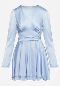 Renee - Niebieska Satynowa Sukienka Mini z Falbankami i Paskiem z Tyłu w Talii Catriona. Okazja: na imprezę. Typ kołnierza: kołnierz z falbankami. Kolor: niebieski. Materiał: satyna. Styl: elegancki. Długość: mini #7