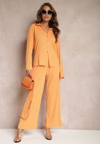 Renee - Pomarańczowy Komplet Casualowy Szerokie Spodnie z Gumką w Pasie i Koszula Sansia. Kolor: pomarańczowy #2