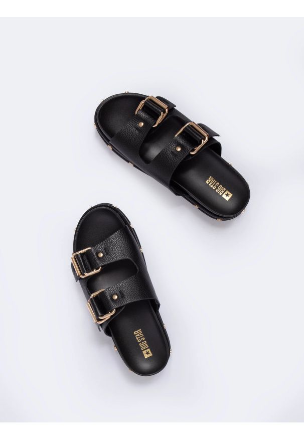 Big-Star - Klapki damskie na podwyższonej podeszwie czarne NN274082 906. Kolor: czarny. Materiał: syntetyk, jeans, skóra. Styl: klasyczny, elegancki, rockowy