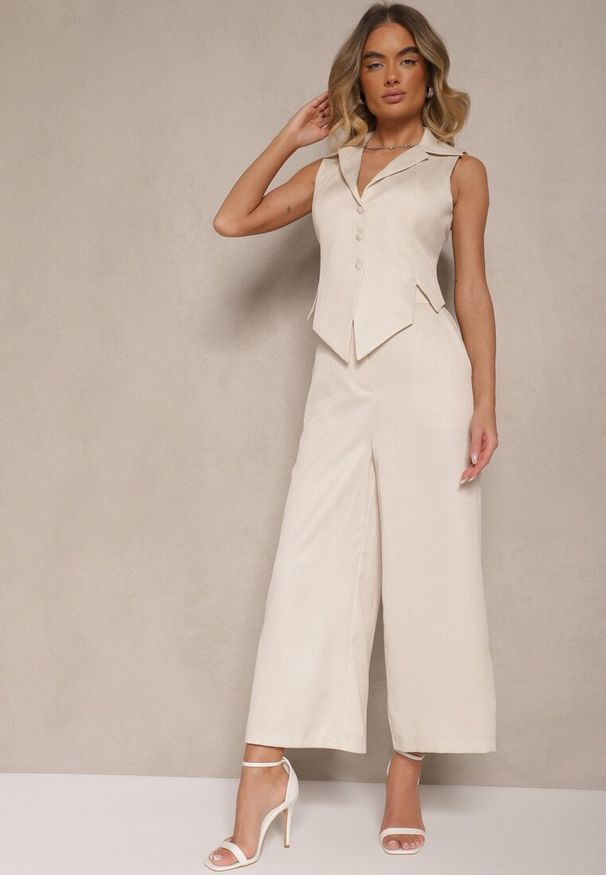 Renee - Beżowe Garniturowe Spodnie o Fasonie Culottes Adeana. Okazja: na co dzień, na spotkanie biznesowe. Kolor: beżowy. Styl: biznesowy, klasyczny, elegancki, casual