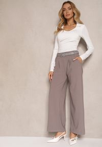 Renee - Szare Garniturowe Spodnie High Waist z Gumką i Dodatkowym Paskiem w Talii Mattine. Stan: podwyższony. Kolor: szary. Materiał: dzianina