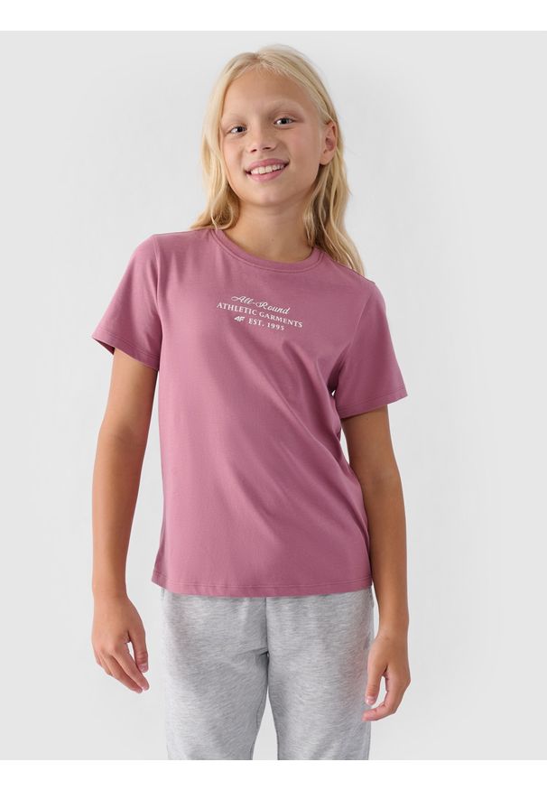 4f - 4F T-shirt z nadrukiem dziewczęcy - różowy 128 (7-8 lat). Okazja: na co dzień. Kolor: różowy. Materiał: bawełna, jersey, dzianina. Długość rękawa: krótki rękaw. Długość: krótkie. Wzór: nadruk. Sezon: lato. Styl: sportowy, klasyczny, casual