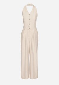 Born2be - Beżowy Kombinezon na Szyję Ozdobiony Guzikami Ellidell. Okazja: na co dzień, na imprezę. Kolor: beżowy. Długość: długie. Wzór: aplikacja. Styl: klasyczny, casual #3