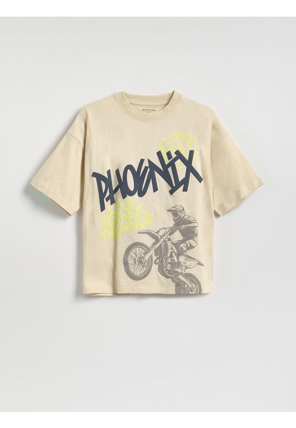 Reserved - Bawełniany t-shirt z nadrukiem - beżowy. Kolor: beżowy. Materiał: bawełna. Wzór: nadruk