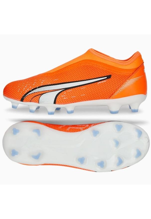 Buty piłkarskie Puma Ultra Match Ll FG/AG Jr 107229 01 pomarańczowe pomarańcze i czerwienie. Kolor: pomarańczowy. Materiał: materiał, syntetyk. Szerokość cholewki: normalna. Sport: piłka nożna