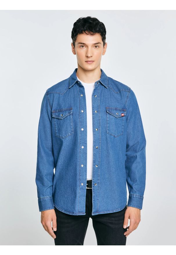 Big-Star - Koszula męska jeansowa niebieska Western 121. Okazja: na co dzień. Kolor: niebieski. Materiał: jeans. Wzór: melanż. Styl: casual