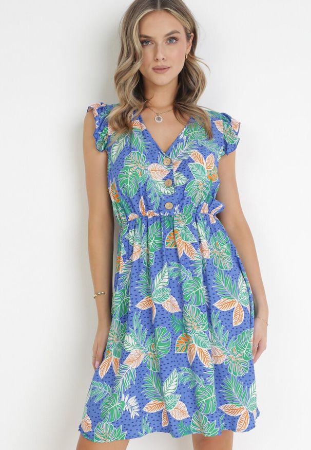 Born2be - Niebieska Sukienka Mini z Gumką w Talii i Falbankami z Wiskozy Calanna. Typ kołnierza: kołnierz z falbankami. Kolor: niebieski. Materiał: wiskoza. Sezon: wiosna, lato. Długość: mini