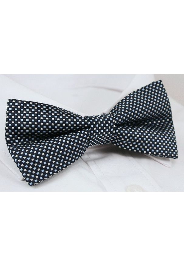 Granatowa Elegancka Mucha -EM Men's Accessories- Męska, w Drobną Kratkę. Kolor: niebieski. Wzór: kratka. Styl: elegancki