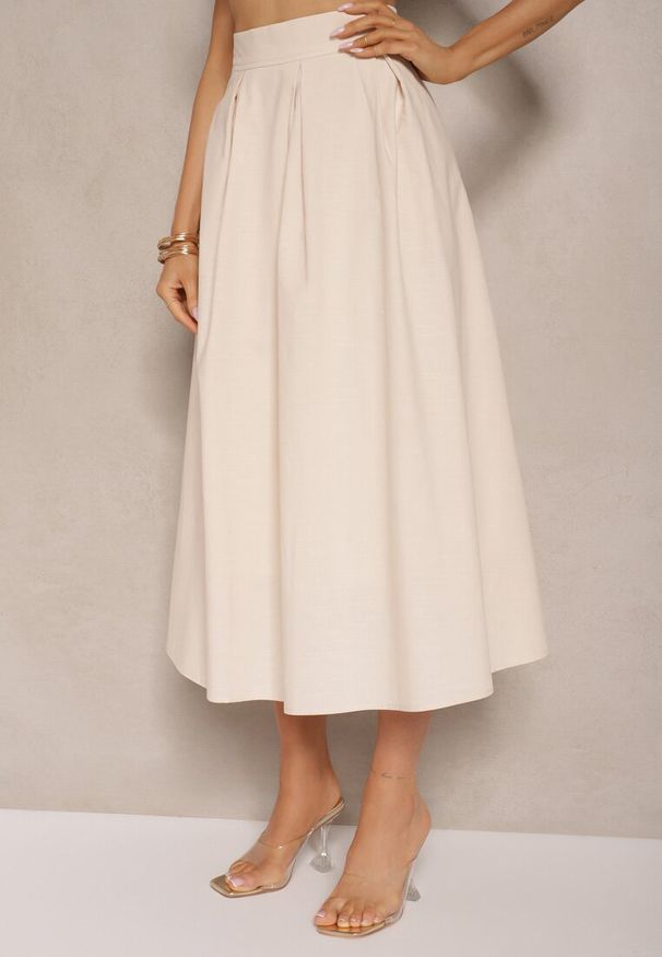 Renee - Beżowa Rozkloszowana Spódnica z Bawełną High Waist Katavira. Okazja: na co dzień. Stan: podwyższony. Kolor: beżowy. Materiał: bawełna. Styl: casual, elegancki
