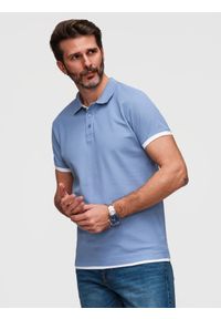Ombre Clothing - Męska bawełniana koszulka polo z kontrastowym wykończeniem – niebieska V3 - Rozmiar: L. Okazja: na co dzień. Typ kołnierza: polo. Kolor: niebieski. Materiał: bawełna. Wzór: haft. Styl: casual, klasyczny #1