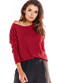 Awama - Bordowy Dzianinowy Sweter w Łódkę o Kroju Oversize. Kolor: czerwony. Materiał: dzianina