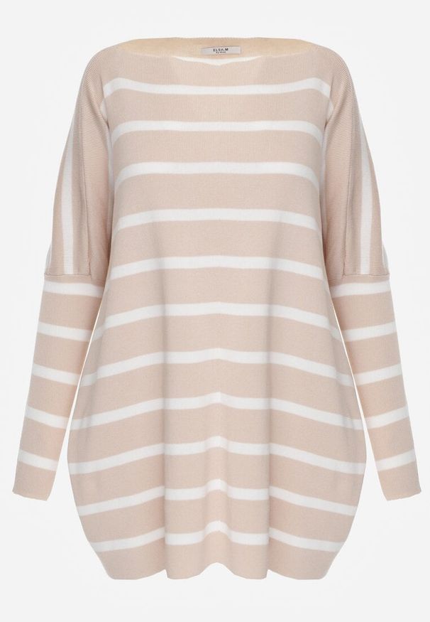 Renee - Beżowy Oversizowy Sweter z Rękawami o Fasonie Nietoperz i Wzorem w Paski Eistauma. Kolor: beżowy. Wzór: paski