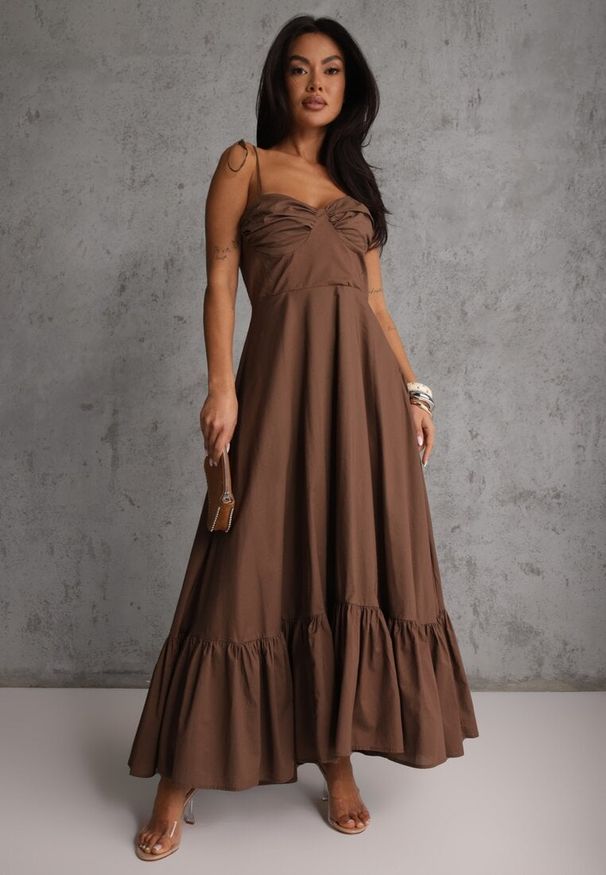 Renee - Brązowa Rozkloszowana Sukienka z Bawełny z Wiązanymi Ramiączkami Milistia. Okazja: na co dzień. Typ kołnierza: dekolt gorset. Kolor: brązowy. Materiał: bawełna. Długość rękawa: na ramiączkach. Typ sukienki: gorsetowe. Styl: casual, elegancki