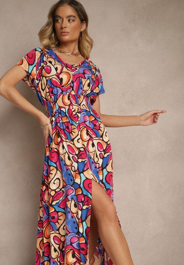 Renee - Różowa Sukienka z Bawełny w Abstrakcyjny Wzór Emisienna. Okazja: na imprezę. Kolor: różowy. Materiał: bawełna. Sezon: lato. Styl: elegancki