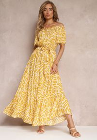 Renee - Żółta Długa Sukienka Hiszpanka z Wiskozy z Gumką w Pasie Channe. Typ kołnierza: dekolt hiszpanka. Kolor: żółty. Materiał: wiskoza. Sezon: lato. Styl: wakacyjny. Długość: maxi #1