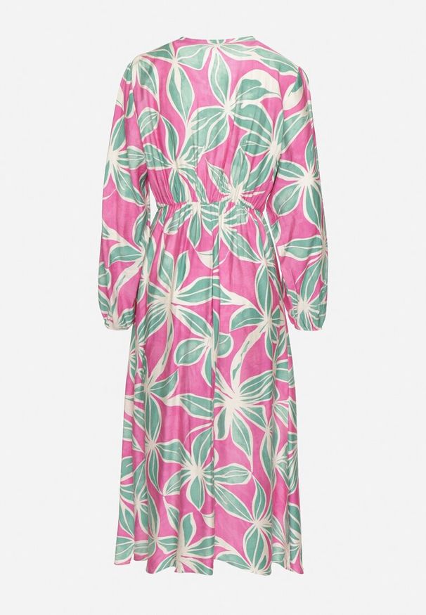 Born2be - Zielono-Fuksjowa Kwiatowa Wiskozowa Sukienka z Kopertowym Dekoltem Selliora. Okazja: na co dzień. Kolor: zielony. Materiał: wiskoza. Wzór: kwiaty. Typ sukienki: kopertowe. Styl: casual