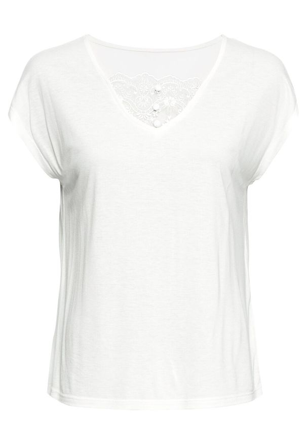Shirt z koronką bonprix biel wełny. Kolor: biały. Materiał: materiał, wełna, wiskoza, koronka. Wzór: koronka