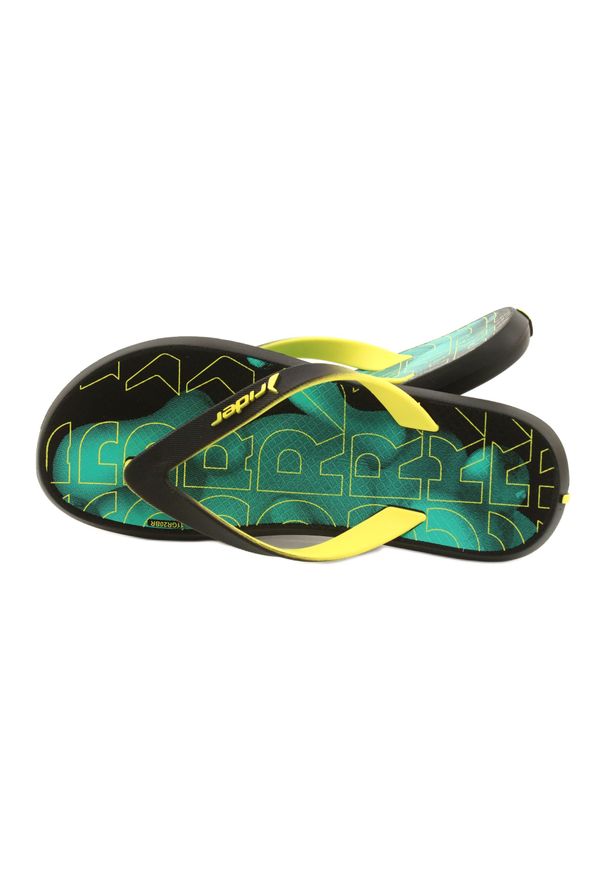 Czarne klapki Rider 83062 Energy VIII Kids Lazurowe zielone żółte. Okazja: na plażę. Kolor: wielokolorowy, zielony, żółty, czarny. Materiał: materiał, guma. Wzór: nadruk. Sezon: lato