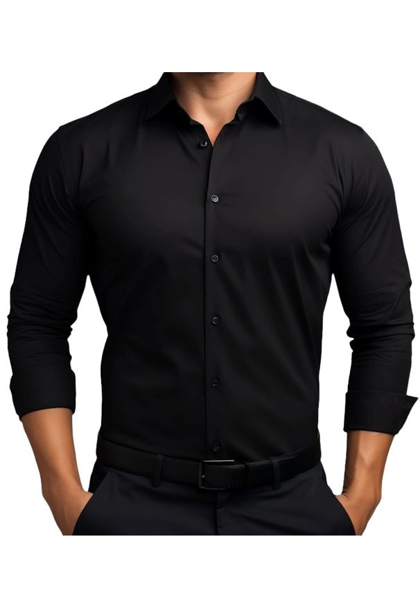 Mmer / Villaro - Koszule męskie - Czarna elastyczna koszula męska z długim rękawem VILLARO L06. Kolor: czarny. Materiał: poliester, bawełna, tkanina. Długość rękawa: długi rękaw. Długość: długie. Styl: klasyczny