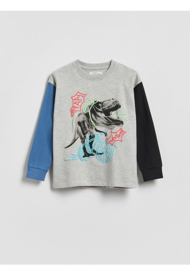 Reserved - Bawełniany longsleeve z nadrukiem - jasnoszary. Kolor: szary. Materiał: bawełna. Długość rękawa: długi rękaw. Wzór: nadruk