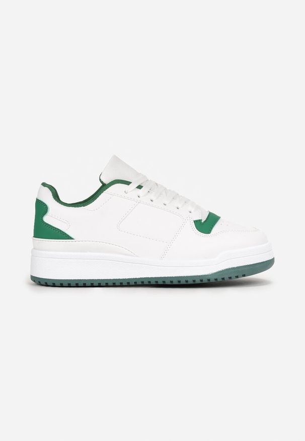 Born2be - Biało-Zielone Sneakersy z Dekoracyjnymi Wstawkami i Perforacją na Nosku Septisa. Okazja: na co dzień. Kolor: biały. Materiał: bawełna, jeans