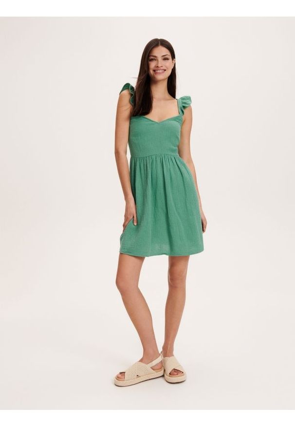 Reserved - Bawełniana sukienka mini - zielony. Kolor: zielony. Materiał: bawełna. Wzór: gładki. Długość: mini