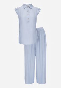 Born2be - Jasnoniebieski Komplet z Wiskozą Szerokie Spodnie i Bluzka z Kołnierzykiem Nautiviane. Kolekcja: plus size. Kolor: niebieski. Materiał: wiskoza. Wzór: gładki #7