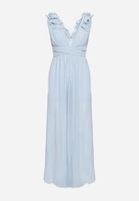 Born2be - Niebieski Plisowany Kombinezon Koktajlowy Ozdobiony Falbanami z Szerokimi Nogawkami Frelfrea. Kolor: niebieski. Materiał: materiał. Wzór: aplikacja. Styl: wizytowy #3