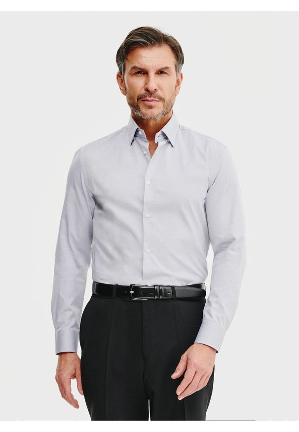 Pako Lorente - PAKO LORENTE – Gładka koszula męska w kolorze szarym. Kolor: szary, niebieski, beżowy, wielokolorowy. Materiał: bawełna. Długość rękawa: długi rękaw. Długość: długie. Wzór: gładki