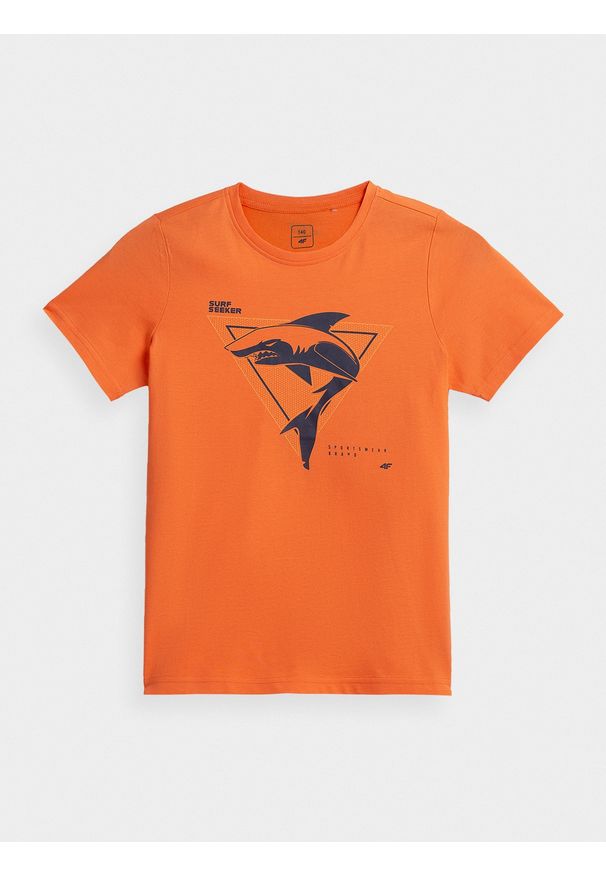 4f - T-shirt z nadrukiem chłopięcy. Kolor: pomarańczowy. Materiał: materiał, bawełna, dzianina. Wzór: nadruk