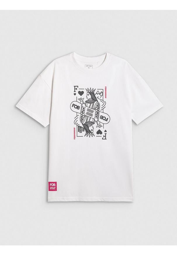 4f - 4F T-shirt oversize z nadrukiem damski - biały M. Okazja: na co dzień. Kolor: biały. Materiał: materiał, bawełna, dzianina. Wzór: nadruk. Styl: casual
