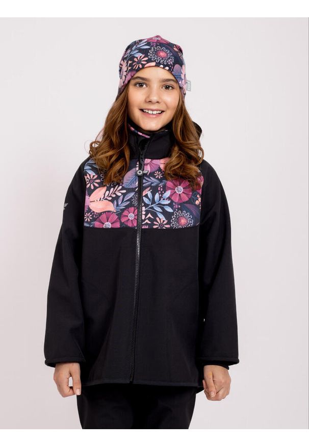 UNUO - Kurtka softshellowa dziecięca z polarem Basic, czarny, Magic Flowers. Kolor: czarny. Materiał: polar. Sezon: jesień, wiosna