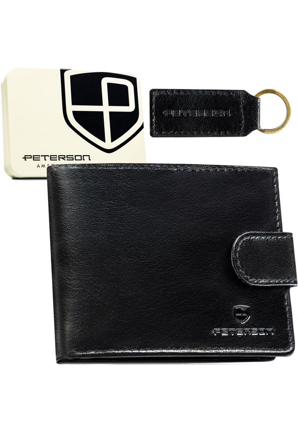 Zestaw prezentowy: czarny, skórzany portfel męski i brelok - Peterson. Kolor: czarny. Materiał: skóra