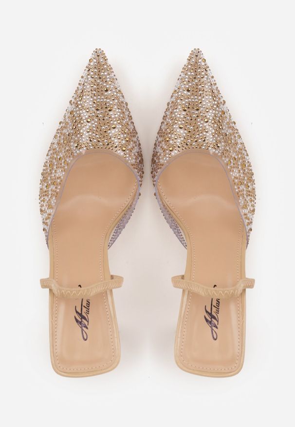 Born2be - Ciemnobeżowe Transparentne Szpilki z Odkrytą Piętą i Cyrkoniami na Nosku Ilunatia. Okazja: na wesele, na co dzień, na randkę, na ślub cywilny. Kolor: beżowy. Materiał: jeans. Obcas: na szpilce. Styl: wizytowy, casual, elegancki