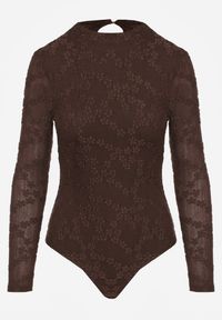 Renee - Brązowe Body Longsleeve z Koronki z Bawełną Zenisesa. Okazja: na co dzień, na imprezę. Typ kołnierza: kołnierzyk stójkowy. Kolor: brązowy. Materiał: bawełna, koronka. Długość rękawa: długi rękaw. Długość: długie. Wzór: koronka. Styl: elegancki, casual #4