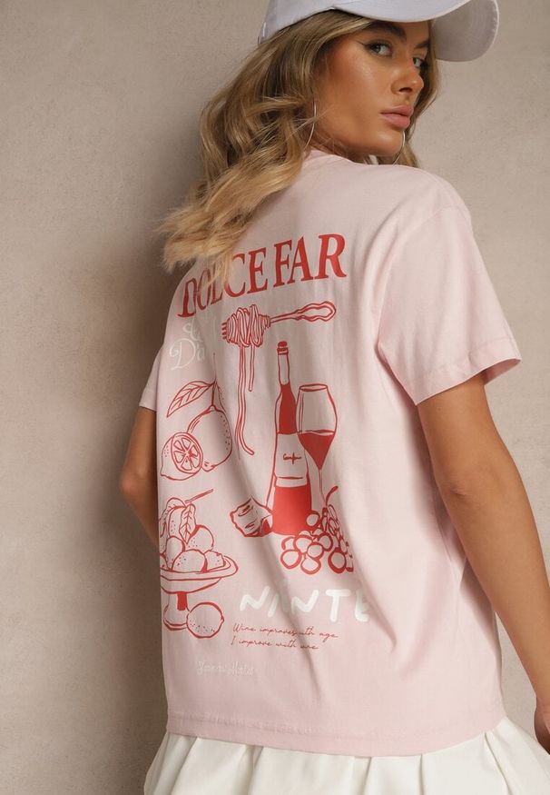 Renee - Jasnoróżowy T-shirt z Bawełny z Nadrukiem Adferia. Okazja: na co dzień. Kolor: różowy. Materiał: bawełna. Wzór: nadruk. Styl: klasyczny, elegancki, casual