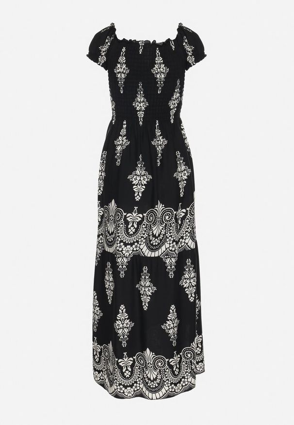 Born2be - Czarna Wiskozowa Sukienka z Marszczoną Góra i Wzorem Boho Ellifae. Okazja: na co dzień. Kolor: czarny. Materiał: wiskoza. Wzór: aplikacja. Styl: boho