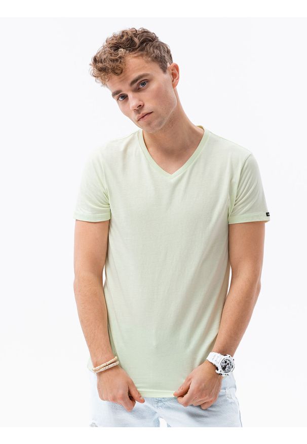 Ombre Clothing - T-shirt męski bawełniany BASIC S1369 - limonkowy - XXL. Typ kołnierza: dekolt w serek. Kolor: żółty. Materiał: bawełna. Długość: krótkie. Styl: klasyczny